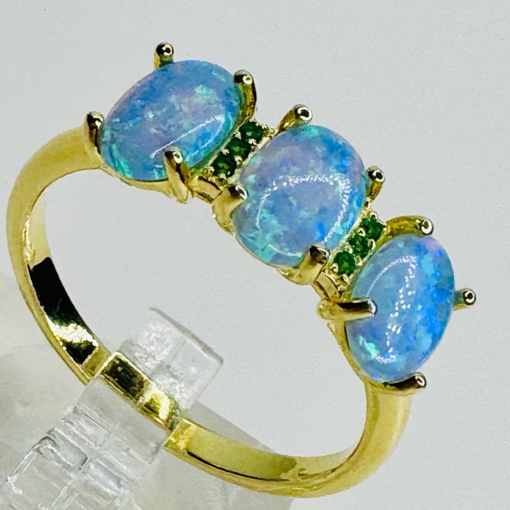 Blue Opal Ring with Small Emerald Accents Set In 14K Gold & Sterling Silver